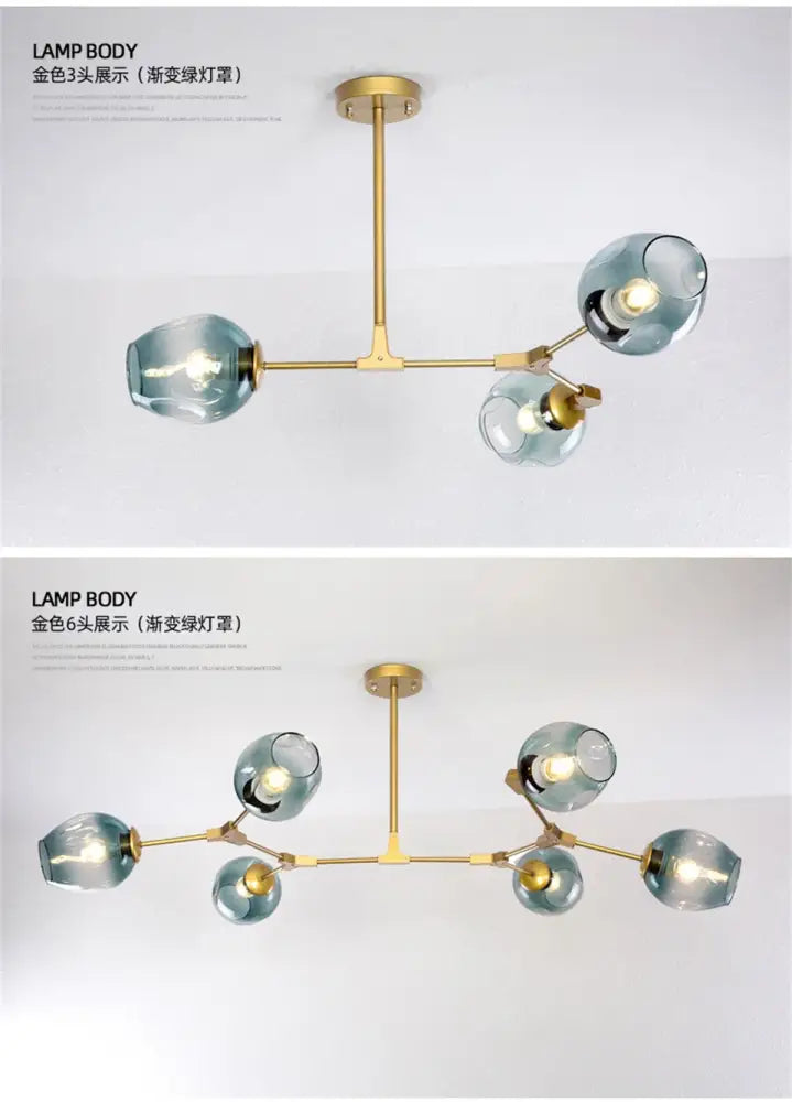 Gold-toned modern nordic glass chandelier with six spherical translucent teal glass shades by decorbites