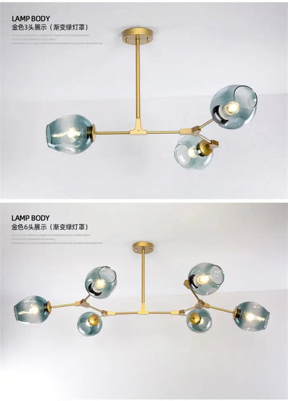 DecorBites™ modern nordic lustre glass chandelier with gold-toned frame and six translucent teal spherical shades with LED