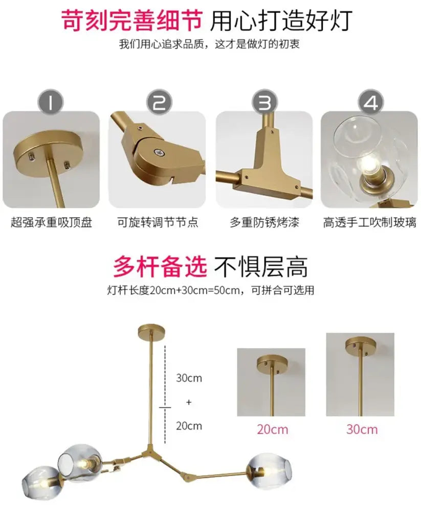 Gold-toned decorbites modern nordic glass chandelier with three clear hand-blown globes and adjustable brass arms