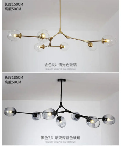 Modern nordic glass chandeliers featuring a gold six-arm design with clear globes and a black seven-arm with deep blue glass globes