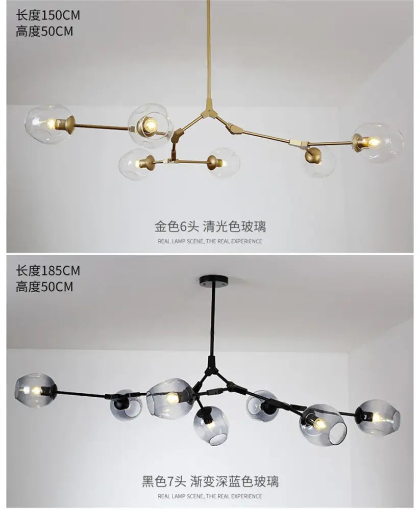 Decorbites modern nordic lustre glass chandelier in gold six-arm with clear globes and black seven-arm with blue globes
