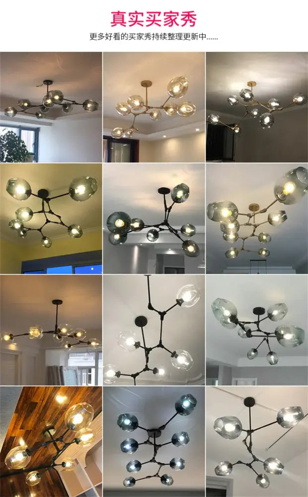 Modern nordic glass chandeliers with led lighting featuring clear and frosted globes on dark metal frame