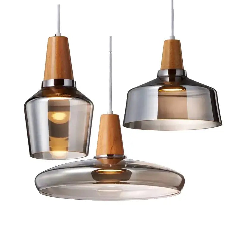 DecorBites™ modern nordic glass light fixtures with smoked glass shades, wooden tops, and metallic accents