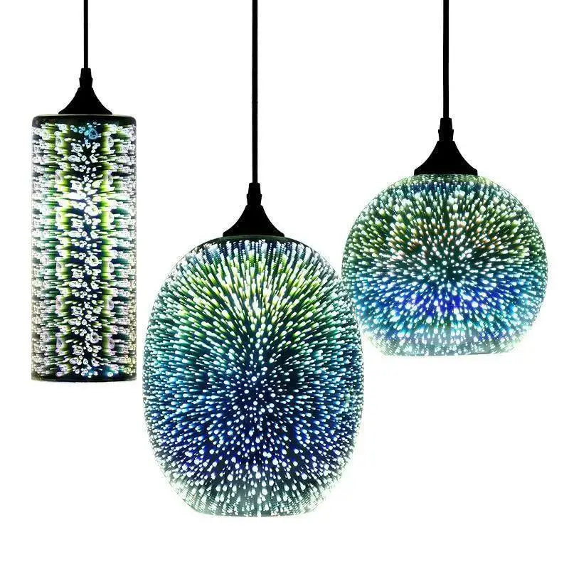Three modern nordic glass pendant lights with vibrant blue and green starburst design for stylish interior decor