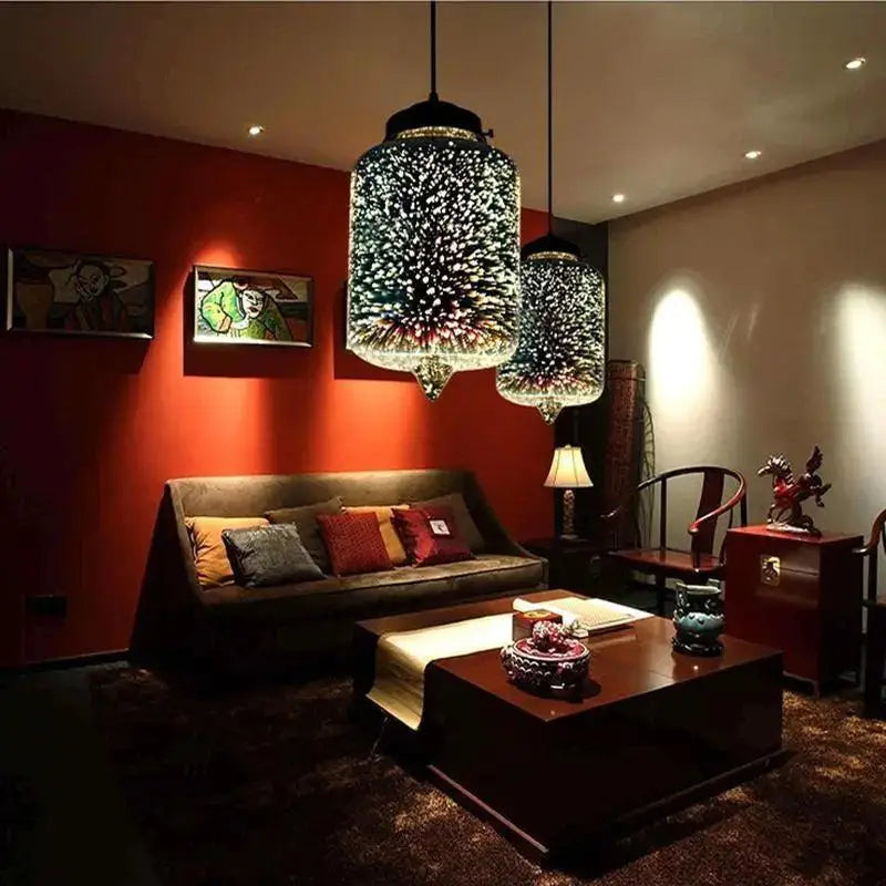 Two ornate glass pendant lights with starburst patterns and dark metal frames from decorbites modern nordic collection