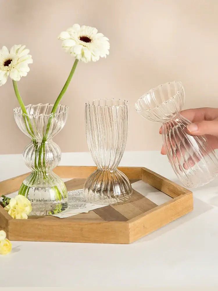 Clear glass decorbites™ modern nordic glass vases set with ribbed fluted tiered design to decorate root spaces