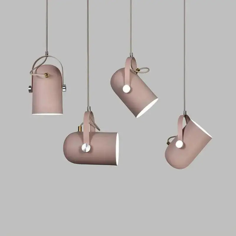 Pink cylindrical decorbites™ modern nordic hanging lights with leather straps and metallic accents energy-efficient hanging lights