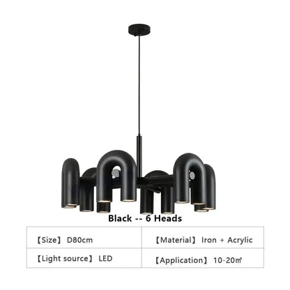 Black DecorBites™ modern Nordic led ceiling chandelier with six curved iron and acrylic pipe-like arms