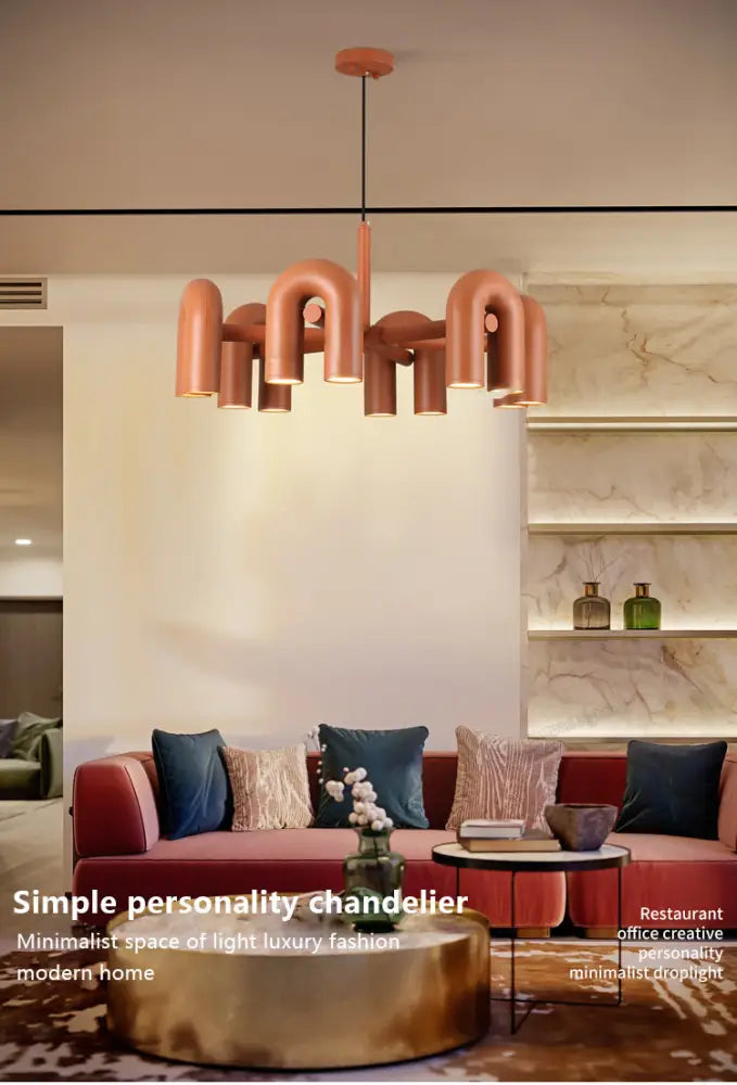 Decorbites modern nordic copper-toned led ceiling chandelier with curved tubular arms for home lighting