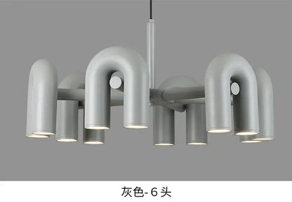 DecorBites™ modern nordic led ceiling chandelier with gray metallic curved pipe arms and cylindrical light fixtures