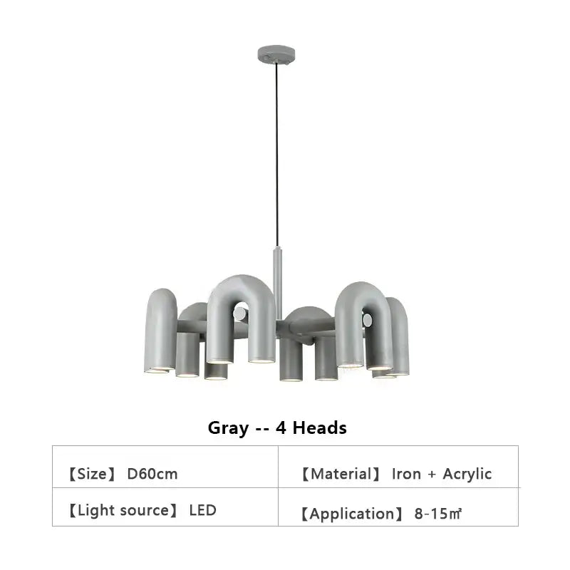 Gray modern decorbites™ led ceiling chandelier with four curved u-shaped iron and acrylic lamp heads for home use