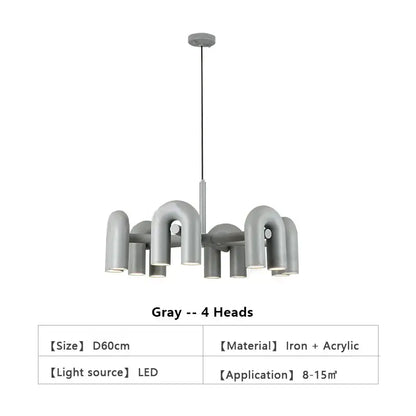 Gray modern decorbites™ led ceiling chandelier with four curved u-shaped iron and acrylic lamp heads for home use