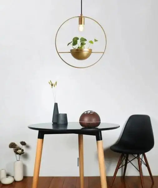 Decorbites modern nordic planter lighting brass circular pendant light with integrated hanging planter and green plants
