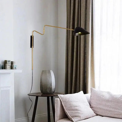 Decorbites modern nordic gold-toned anneke wall sconce with black conical shade and articulated arm wall sconce