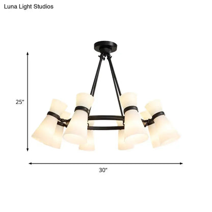 Black metal chandelier with six frosted glass shades from decorbites wide flare pendant lighting collection