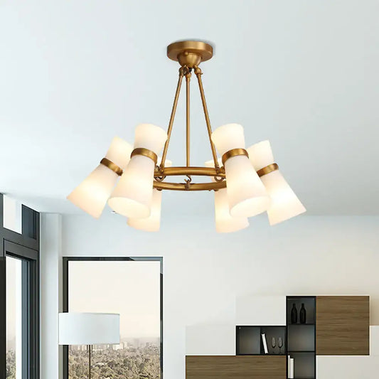 Brass-finished decorbites modern opal glass wide flare pendant with eight frosted glass shades in circular pattern