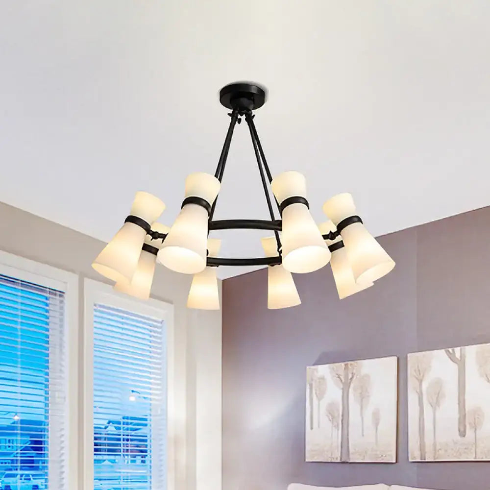 Decorbites™ modern black metal wide flare pendant chandelier with frosted opal glass shades and 16 bulbs gold accents