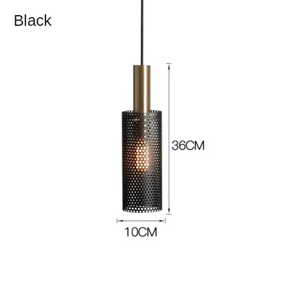 DecorBites™ modern pendant light with black perforated metal shade and brass-finished cylindrical top