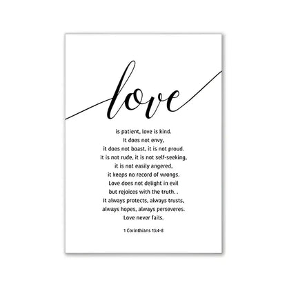 Decorbites™ modern pink aesthetic wall art featuring black calligraphy love print with 1 corinthians passage on white background