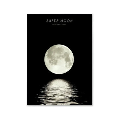A black-framed modern pink aesthetic wall art poster by DecorBites™ featuring a luminous super moon above water