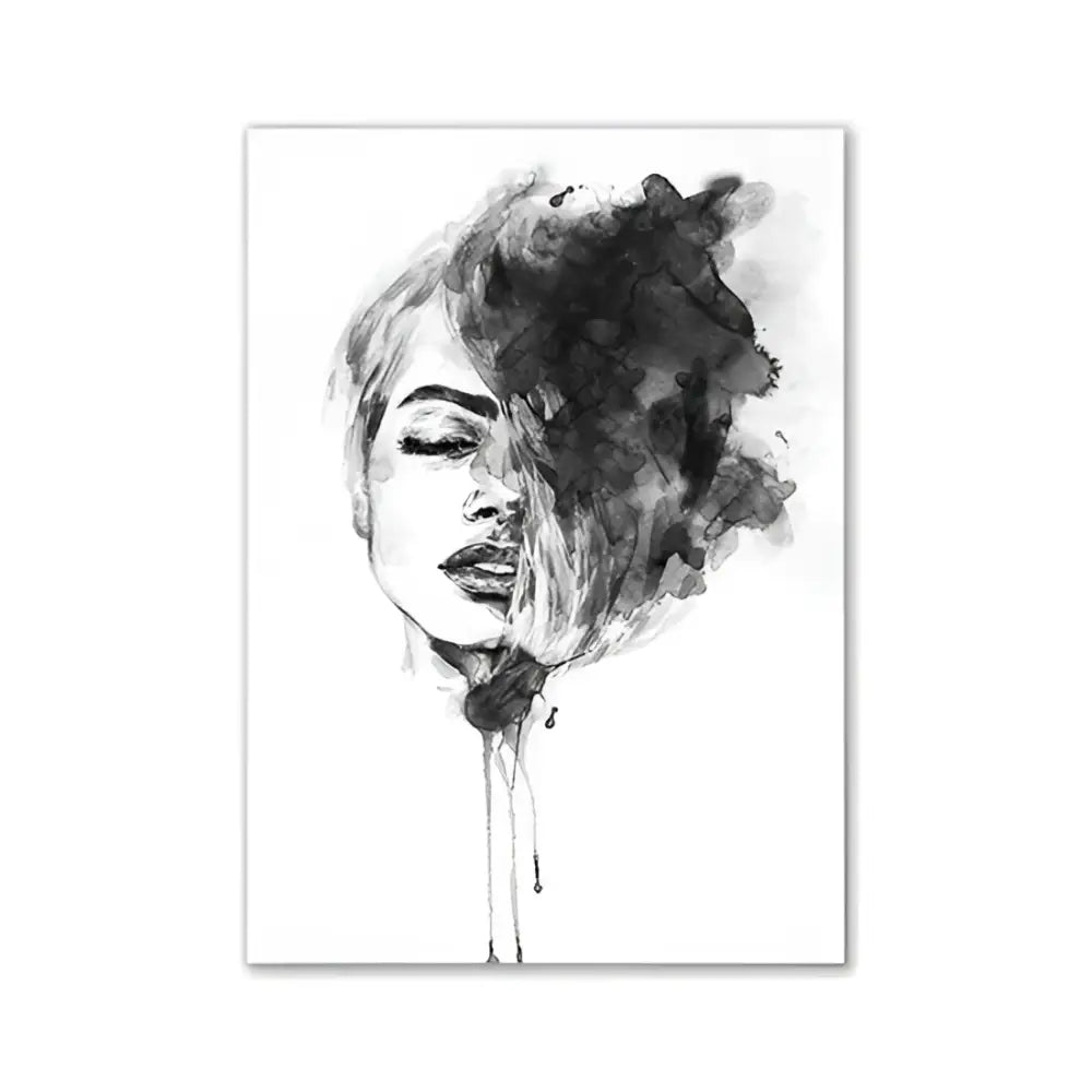 DecorBites™ modern pink aesthetic wall art featuring a black and white watercolor portrait with ink splatters