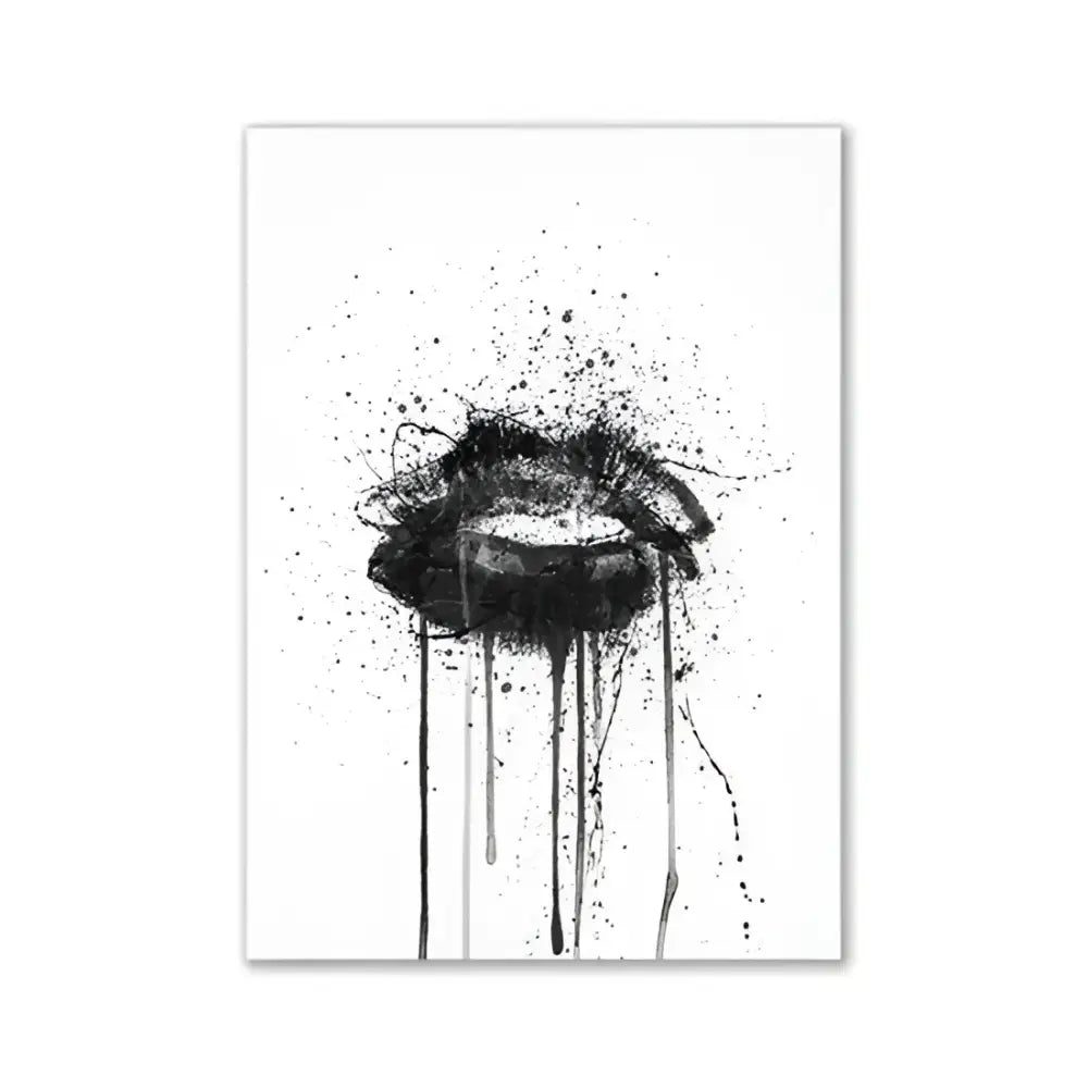 Decorbites™ modern pink aesthetic wall art print featuring black ink splatter lips with minimalist pink drips on white background