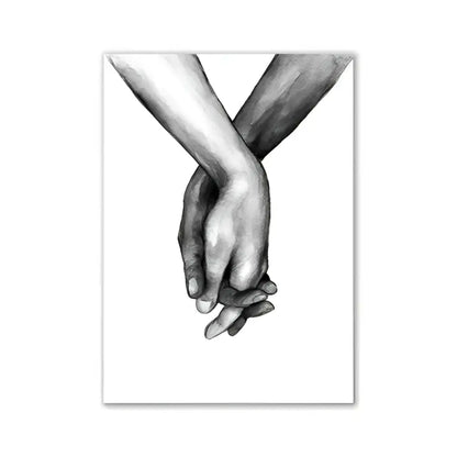 A detailed black and white pencil sketch of two clasped hands in minimalist pink aesthetic wall art by decorbites