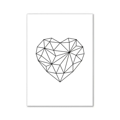 A minimalist black geometric heart wall art on white canvas for modern pink aesthetic decor by decorbites