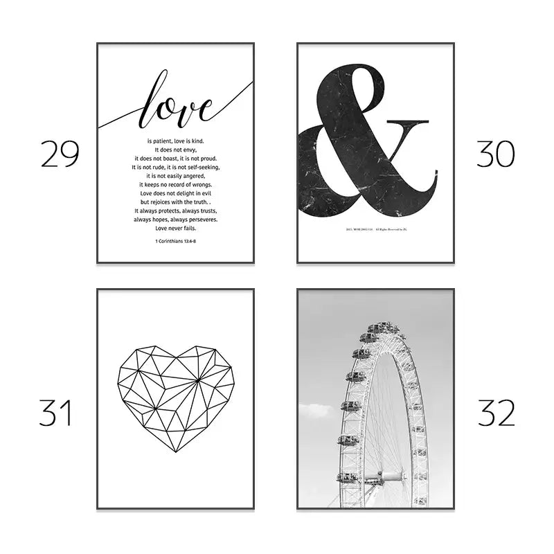 Set of four minimalist black and white framed wall art prints by DecorBites™ for modern pink aesthetic decor