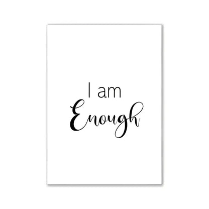 White rectangular wall art print with i am enough in black cursive script by DecorBites™ for modern pink aesthetic decor