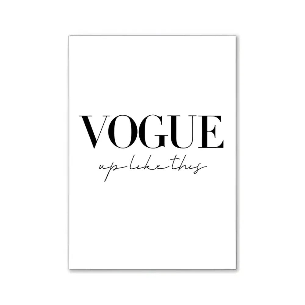 White rectangular minimalist pink wall art print featuring vogue in bold black serif and cursive pink aesthetic text