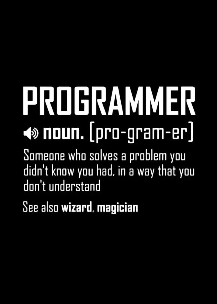 Black decorbites™ modern programmer gamer canvas wall art with white text defining programmer in phonetic and humorous style