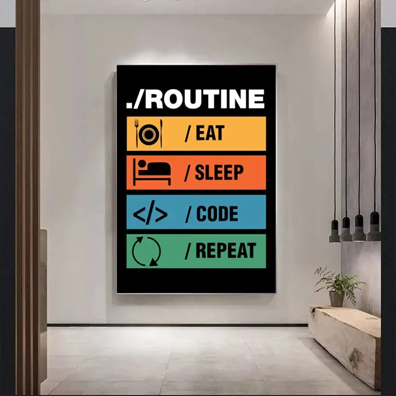 Black framed canvas wall art by decorbites featuring bold white text and colorful bars for programmer gamer spaces