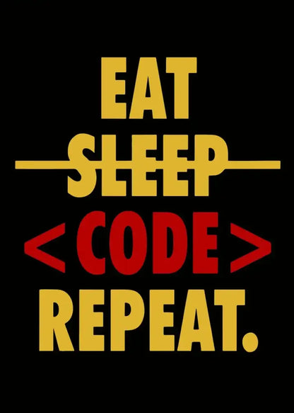 Black notebook cover with bold yellow and red eat sleep repeat text in decorbites modern programmer gamer wall art