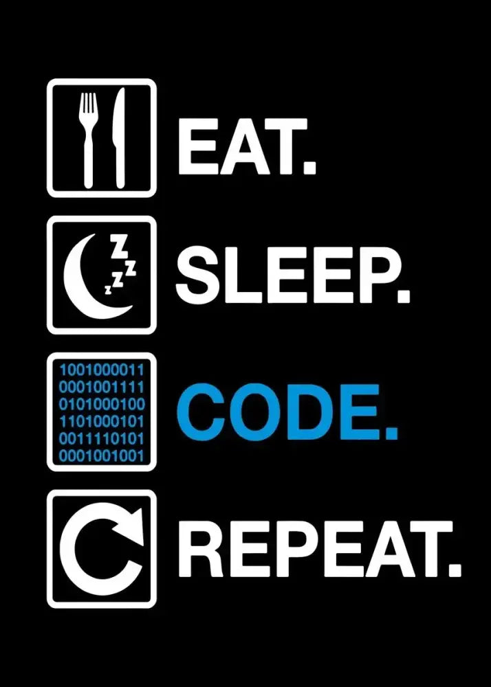 Black canvas wall art by DecorBites featuring white and blue abstract programmer gamer eat sleep code repeat icons