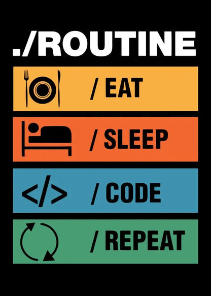 Black and white abstract programmer gamer wall art featuring routine text and colored icons on canvas by decorbites