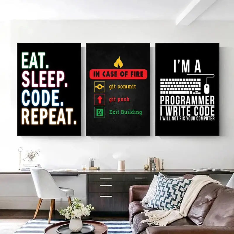 Three black framed decorbites™ modern programmer gamer canvas wall art pieces with white and colorful programming text