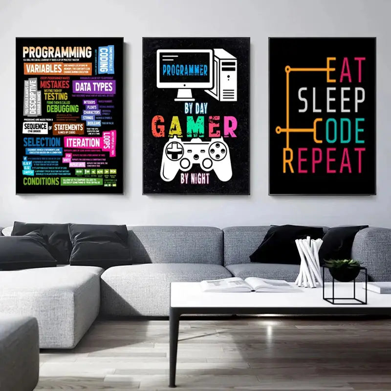 Three vibrant colorful framed posters with programming and gaming themes as abstract programmer gamer wall art above gray sofa