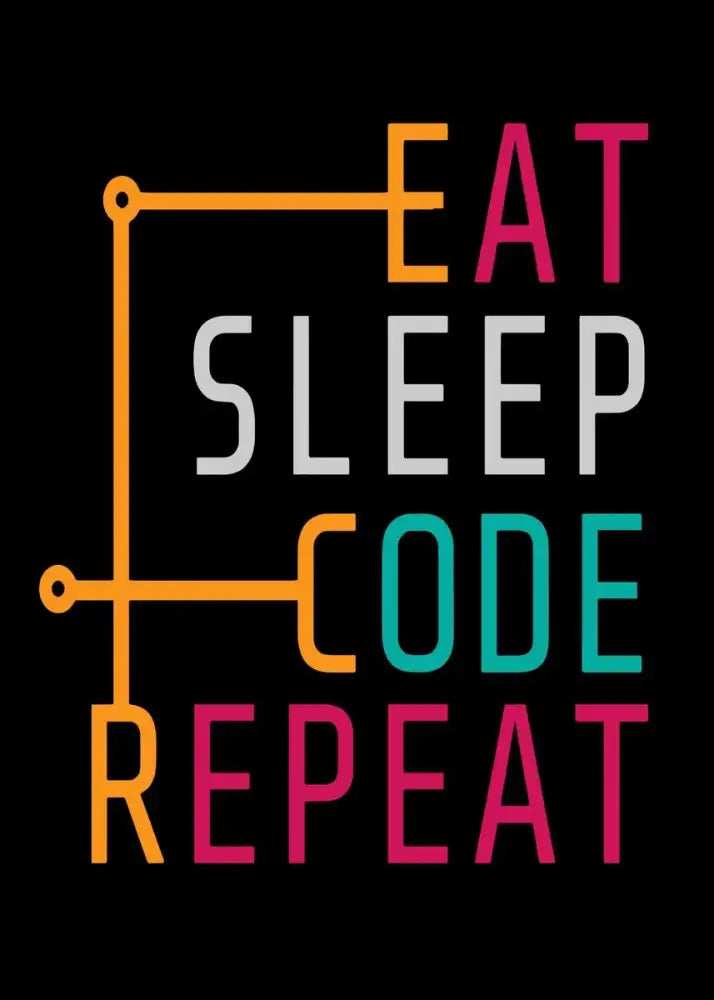 Decorbites™ modern programmer gamer canvas wall art with vibrant eat sleep code repeat text on black background