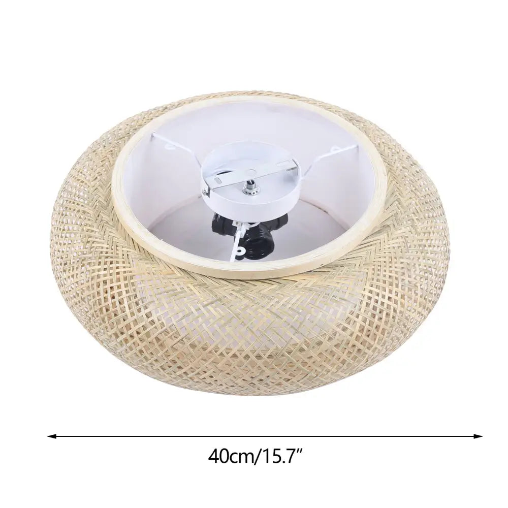 Beige woven rattan pendant light with white interior and central bulb housing for decorbites modern ceiling fan