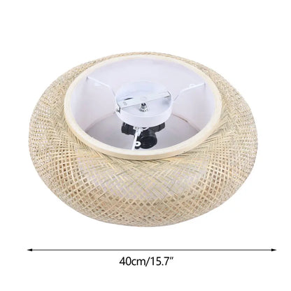 Beige woven rattan pendant light with white interior and central bulb housing for decorbites modern ceiling fan