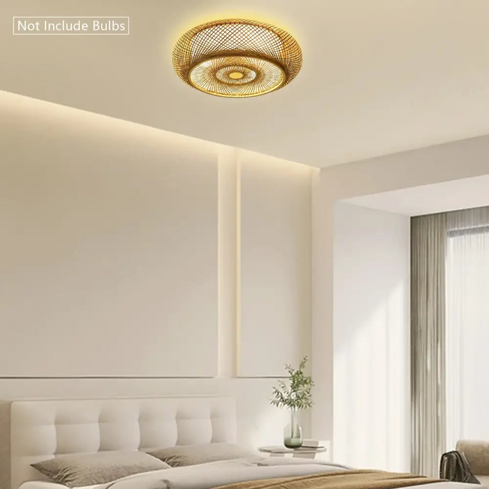 Golden woven rattan pendant light with concentric circular patterns for DecorBites™ modern rattan ceiling fan