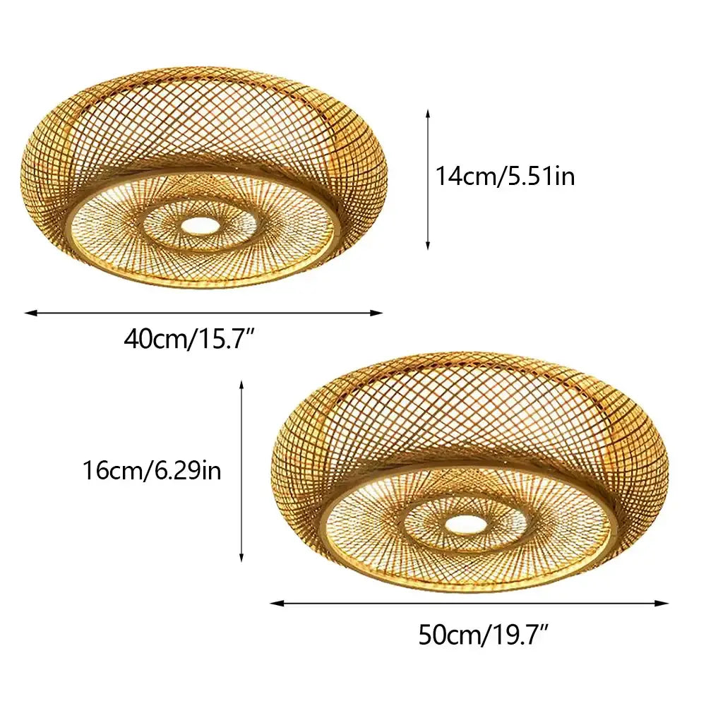 DecorBites modern rattan pendant light featuring a golden woven bamboo ceiling fan with circular mesh design and concentric rings
