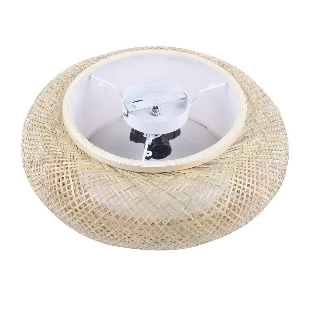 Decorbites modern rattan pendant light with beige woven design and white housing for ceiling fan integration