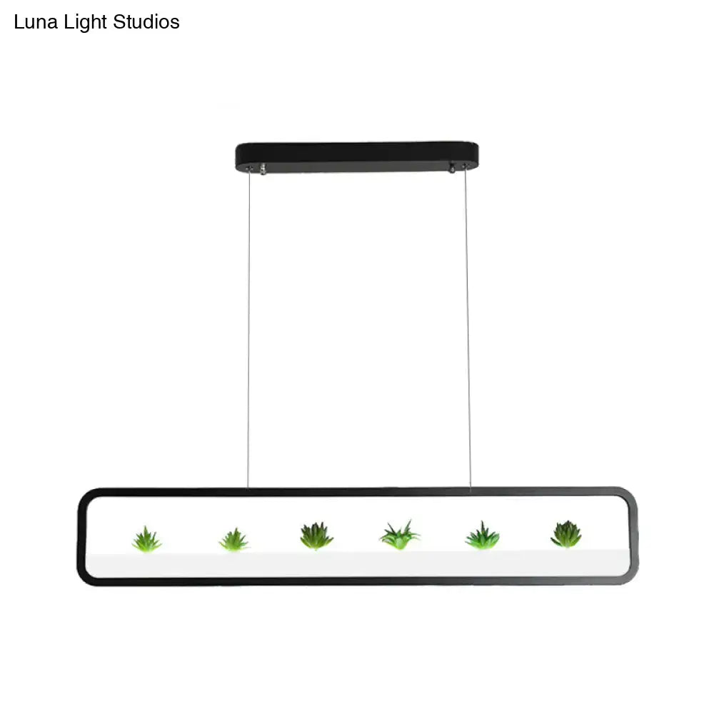 Black white DecorBites modern rectangular acrylic ceiling light with five green succulents for dining room ceiling use