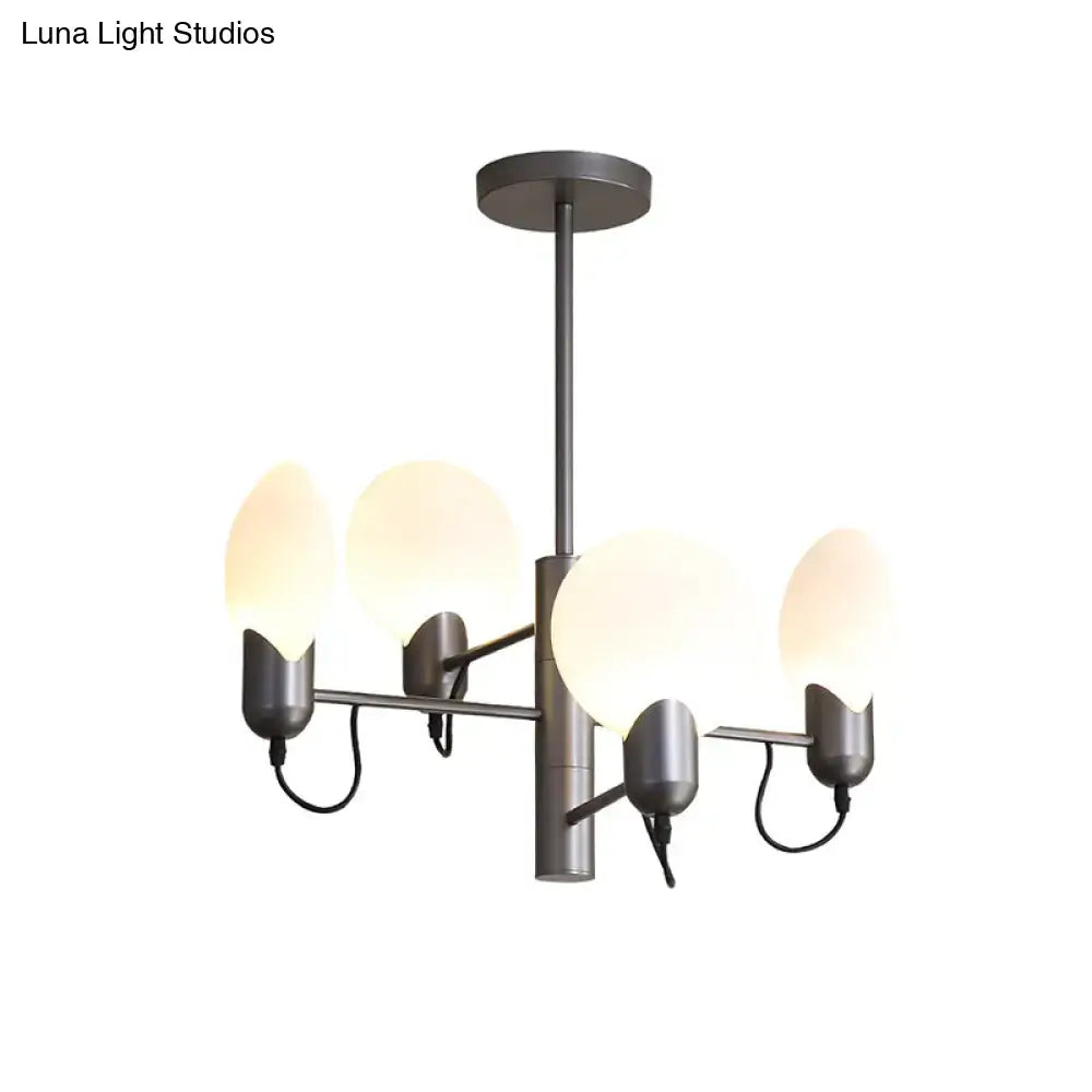 Modern matte black metal chandelier with four frosted opal glass globes for silver gray ceiling light decor