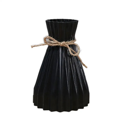Black pleated ceramic flower vase with rustic twine bow for dry flowers modern simple DecorBites™ design