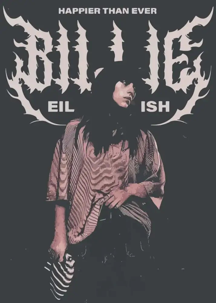 Black and white stylized graphic tee featuring billie eilish portrait and happier than ever text by singer b-billies print canvas wall art