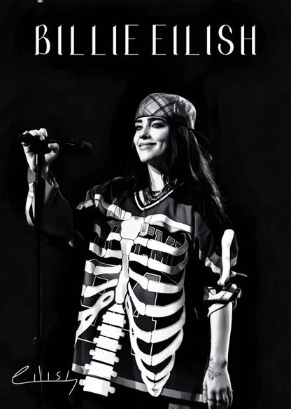 Decorbites™ modern singer b-billies print canvas wall art featuring black and white skeleton-printed v-neck hoodie design
