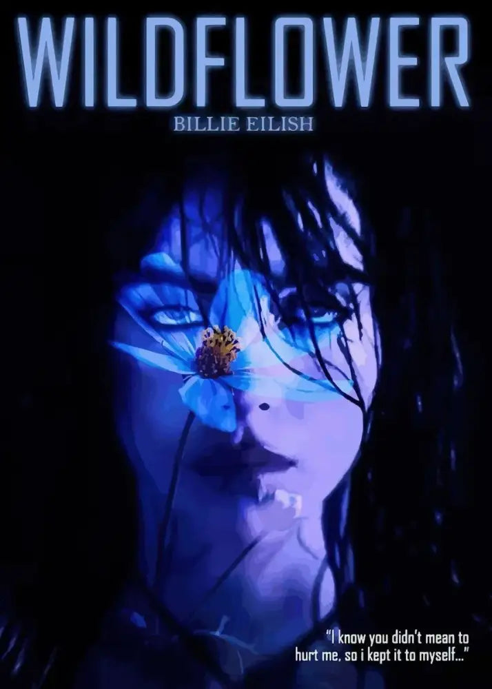 Blue-toned print canvas wall art featuring billie eilish wildflower portrait with glowing lighting from singer b-billies series